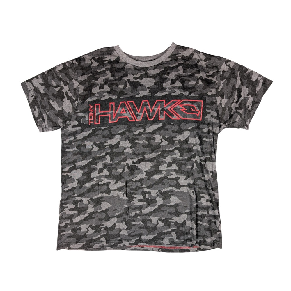 Tony‎ Hawk Mens Large Gray Camo Graphic Tee Red Logo Skateboarding Short Sleeve